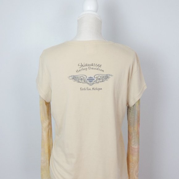 Vintage Y2K Harley Davidson Tan Cream Tee with Tattoo Sleeve Mesh Large - Picture 6 of 13